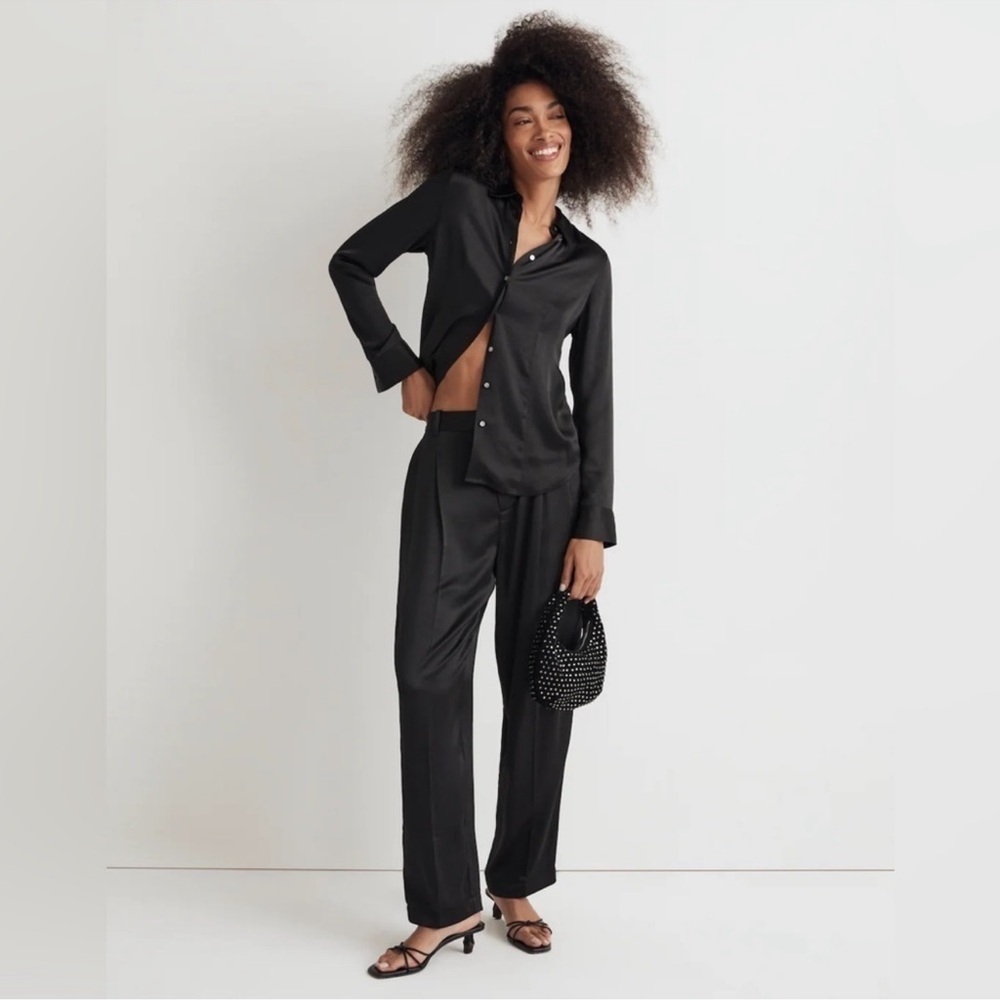 Madewell Black Satin Wide-Leg Pants and Darted Button-Up Shirt in Satin